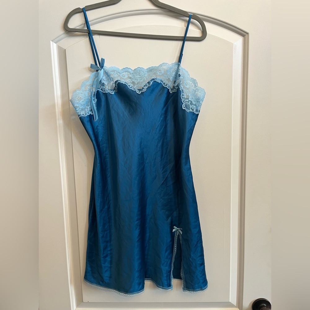 Victoria's Secret Blue Satin Chemise with Lace Trim